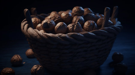 Basket with fresh walnuts, closeup, Generative aiの素材