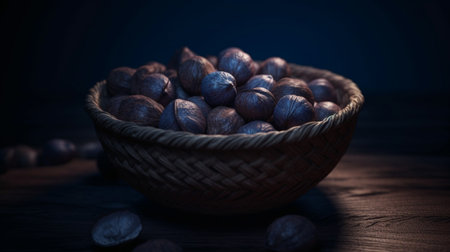 Basket with fresh walnuts, closeup, Generative aiの素材