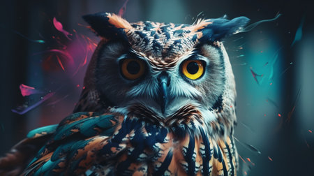 Abstract animal Owl portrait with colorful double exposure paint. Generative AIの素材