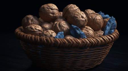Basket with fresh walnuts, closeup, Generative aiの素材