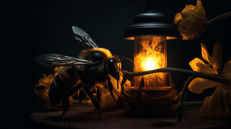 A bumblebee in a magical pond surrounded by flowers created with Generative AIの素材