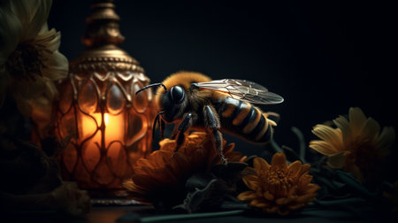A bumblebee in a magical pond surrounded by flowers created with Generative AIの素材