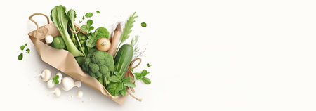 Zero waste shopping concept. Paper bag full of fresh vegetables, herbs and spices on white background. Flat lay, top view, copy space, Generative AIの素材