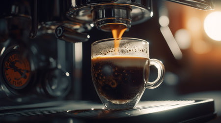 Coffee machine making coffee in cafe. Professional coffee brewing process. Generative AIの素材