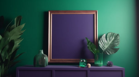 Interior of a living room with a purple frame and a green wall, Generative AIの素材