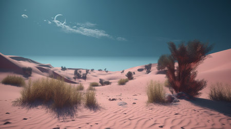 Desert landscape with palm trees and crescent moon. 3d render, Generative AIの素材
