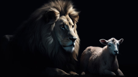 Lion and lamb on a black background with a low key lighting, Generative AIの素材