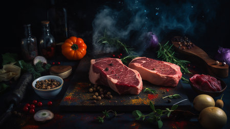 Raw fresh meat with herbs and spices on a black background. Toned. Generative AIの素材