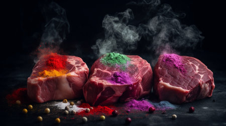 Raw fresh beef steaks with spices and smoke on dark background. Generative AIの素材