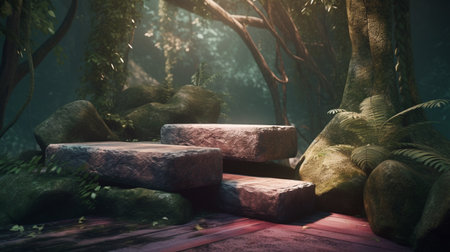 3D render of a stone podium in a fantasy forest with trees and plants, Generative AIの素材