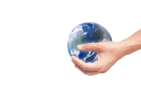 Hand with earth globe isolated on white background, ecology conceptの写真素材
