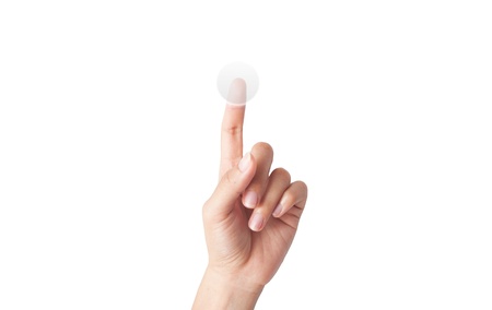 Hand touching a screen button isolated  on white backgroundの写真素材