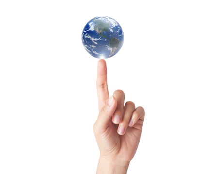 Hand with earth globe isolated on white background, ecology conceptの写真素材