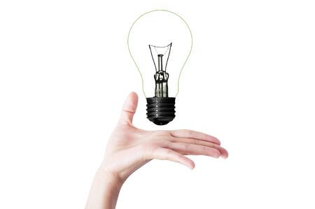 Bulb with hand and isolated on white background , green eco conceptの写真素材