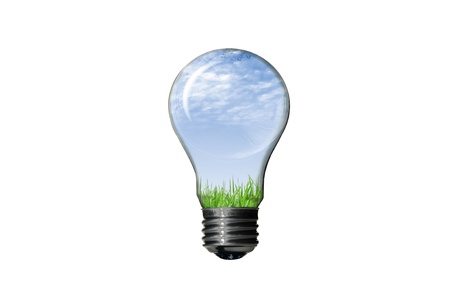 Bulb with green landscape isolated on white background , green eco conceptの写真素材