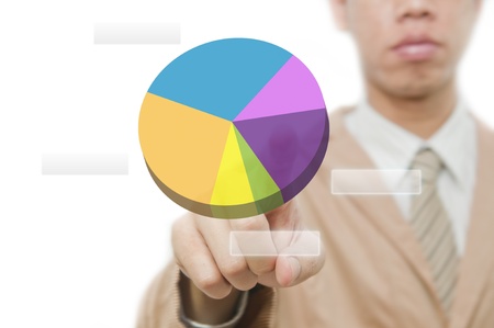 Businessman point finger on pie chart touch screen の写真素材
