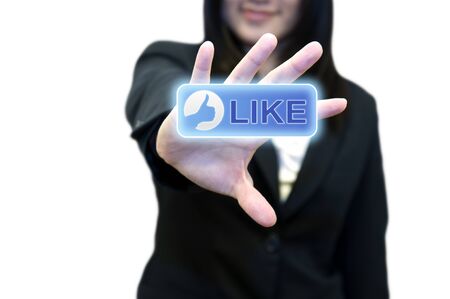 Business woman with hand holding touch screenの写真素材