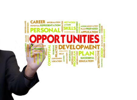 Business woman use hand drawing text on whiteboard, opportunitiesの写真素材