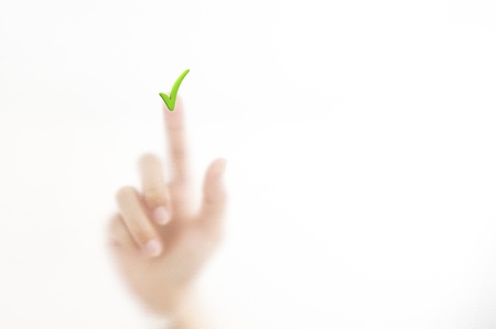 woman finger push mirror with question mark signの写真素材