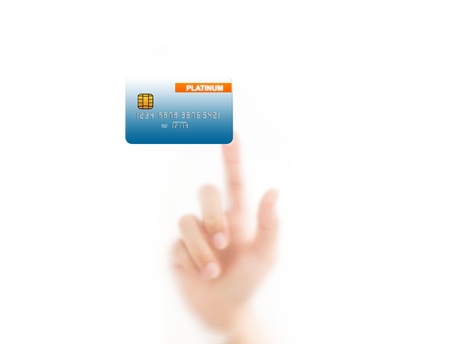 man finger pressing a credit card, isolated on a white background. の写真素材