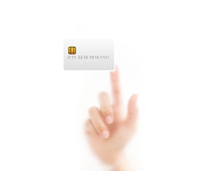 man finger pressing a credit card, isolated on a white background. の写真素材