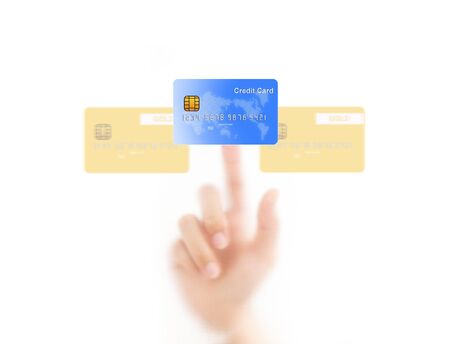 man finger pressing a credit card, isolated on a white background. の写真素材
