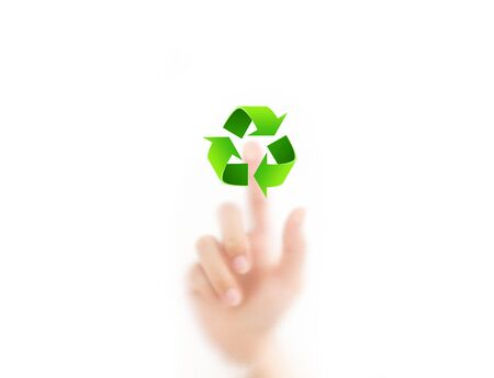 man finger pressing ecology button, isolated on a white background.  Eco conceptの写真素材