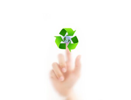 man finger pressing ecology button, isolated on a white background.  Eco conceptの写真素材