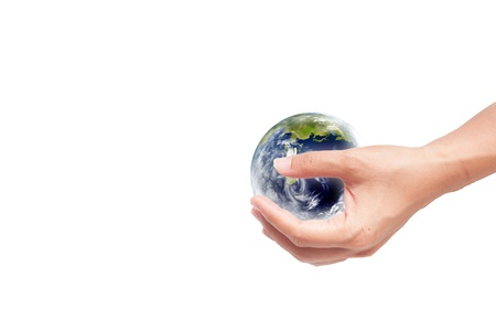 Hand with earth globe isolated on white background, ecology conceptの写真素材