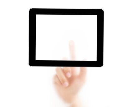 man finger pressing a touchscreen computer device isolated on a white background. の写真素材