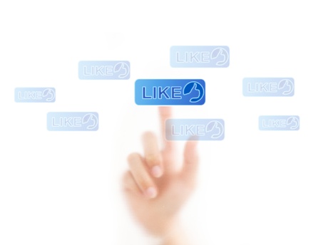 man finger pressing a like button, isolated on a white background. の写真素材