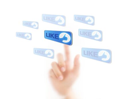 man finger pressing a like button, isolated on a white background. の写真素材