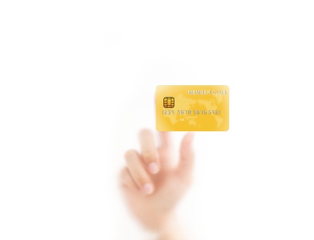 man finger pressing a credit card, isolated on a white background. の写真素材