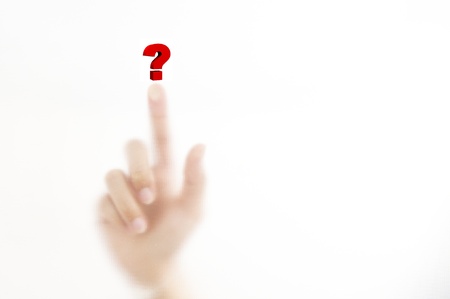 woman finger push mirror with question mark signの写真素材