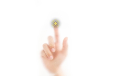 man finger pressing a touchscreen button with index finger, isolated on a white background. の写真素材