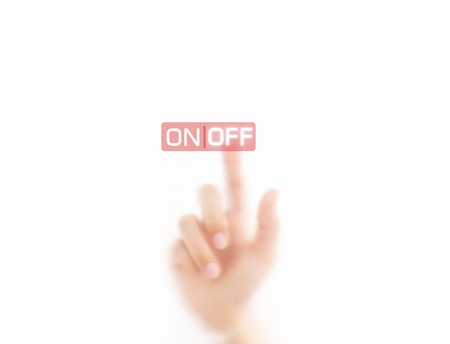 man finger pressing OFF button, isolated on a white background. の写真素材