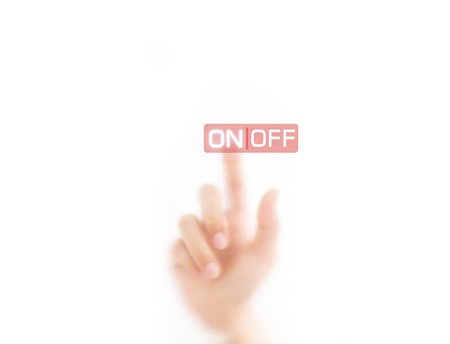 man finger pressing an on air button, isolated on a white background. の写真素材