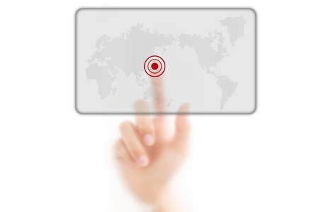 man finger pressing a worldmap touchscreen button with index finger on japan, isolated on a white background. の写真素材
