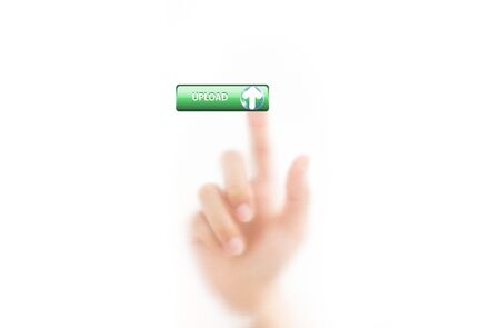 man finger pressing a upload button, isolated on a white background. の写真素材