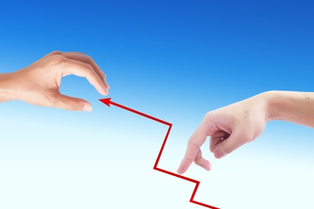 fingers go up the stairs red graph over the blue backgroundの写真素材