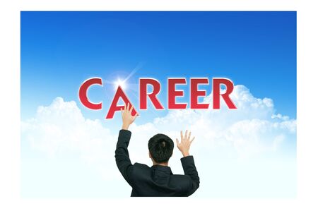 A business man climb business words on blue sky backgroundの写真素材