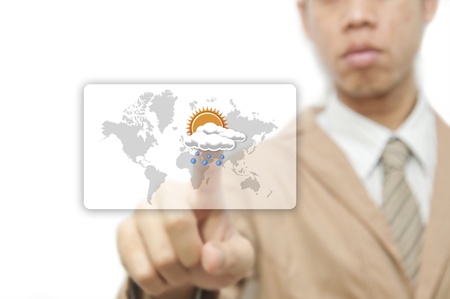 Businessman pressing finger on weather forecast buttonの写真素材