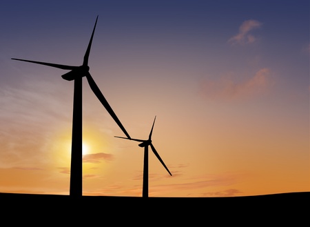 silhouette of wind turbine generating electricity on sunset 