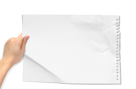 hands holding up a piece of paper on an isolated white background. の写真素材