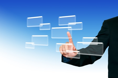Business man pressing button on the digital screen  background