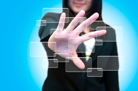 Business woman press business people button on the screen background