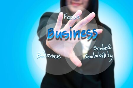 Business woman pushing the business word cloud on transparent screen,Business strategyの写真素材