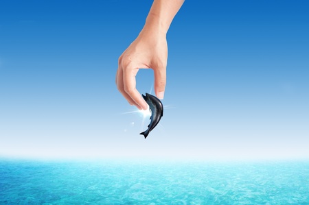 3D open green grass book with jumping fish imagination and conceptual ideaの写真素材