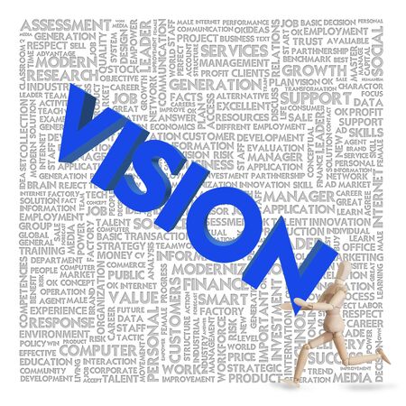 Wooden model carry a business 3d text in front of tag cloud for business conceptの写真素材