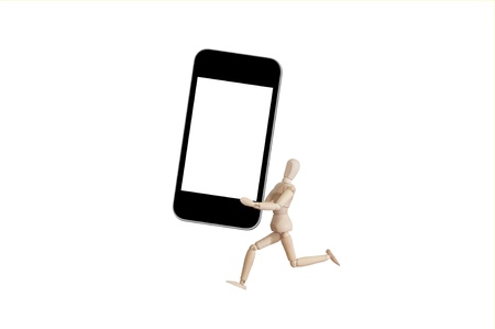 Wooden model with Illustration of a modern smart phone for mobile communication